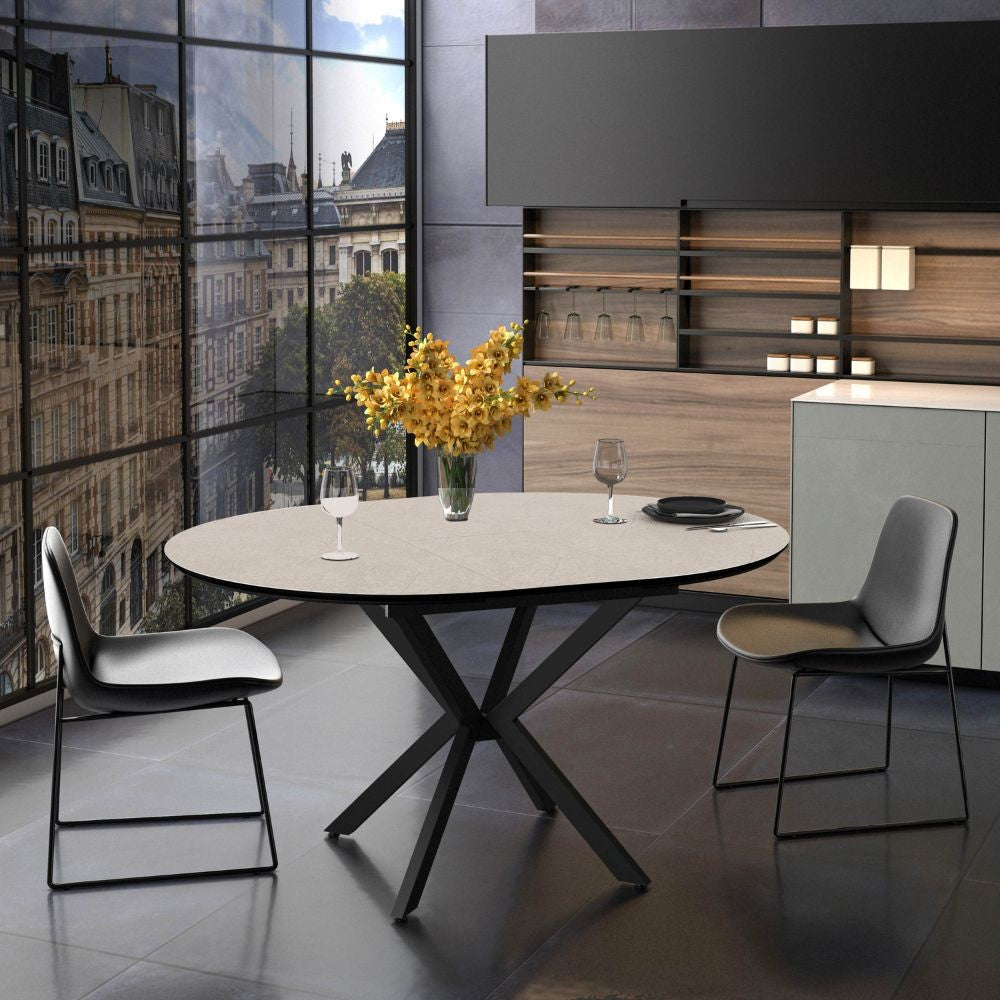 Tavolo allungabile Dobok con allunga 34 cm colore piano colore cashmere e gambe in metallo nero