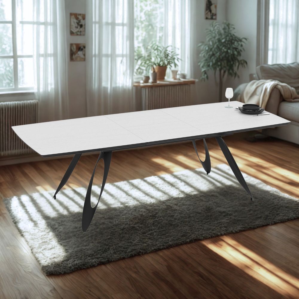 Tavolo allungabile Merkur con top bianco frassinato e gambe colore nero