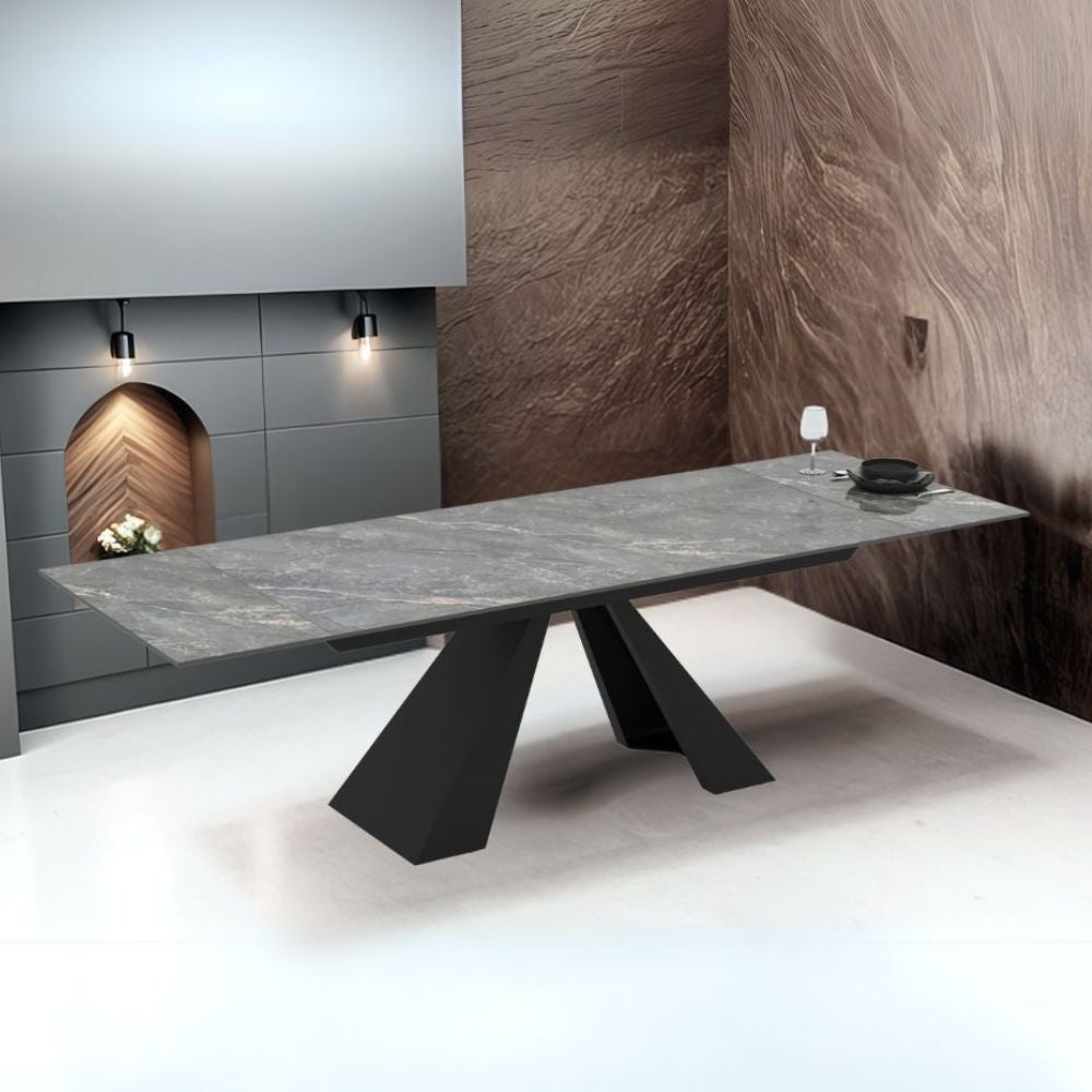 Tavolo allungabile Monza con top in ceramica effetto marmo grigio e gambe nere