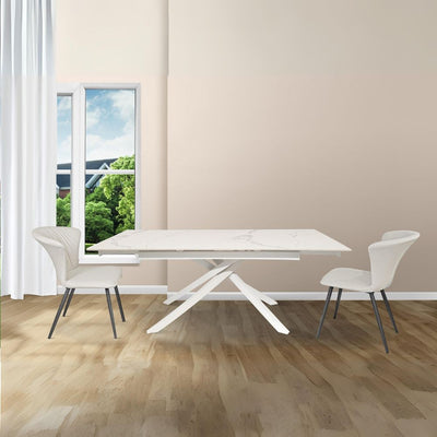 Tavolo allungabile Nefti con top in ceramica colore bianco statuario lucido con gambe bianche