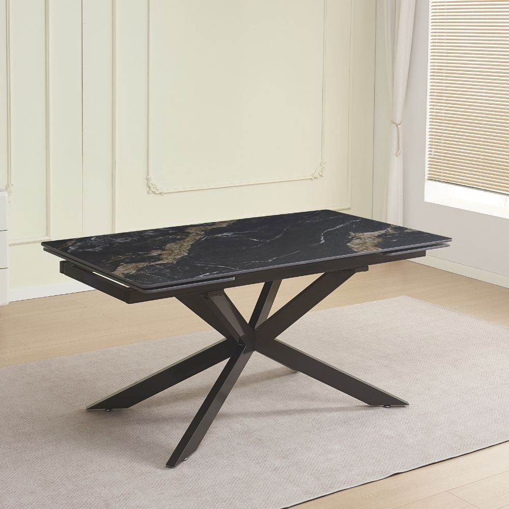 Tavolo allungabile Roxane con piano in ceramica effetto marmo bianco M346 lucido e gambe in metallo nero