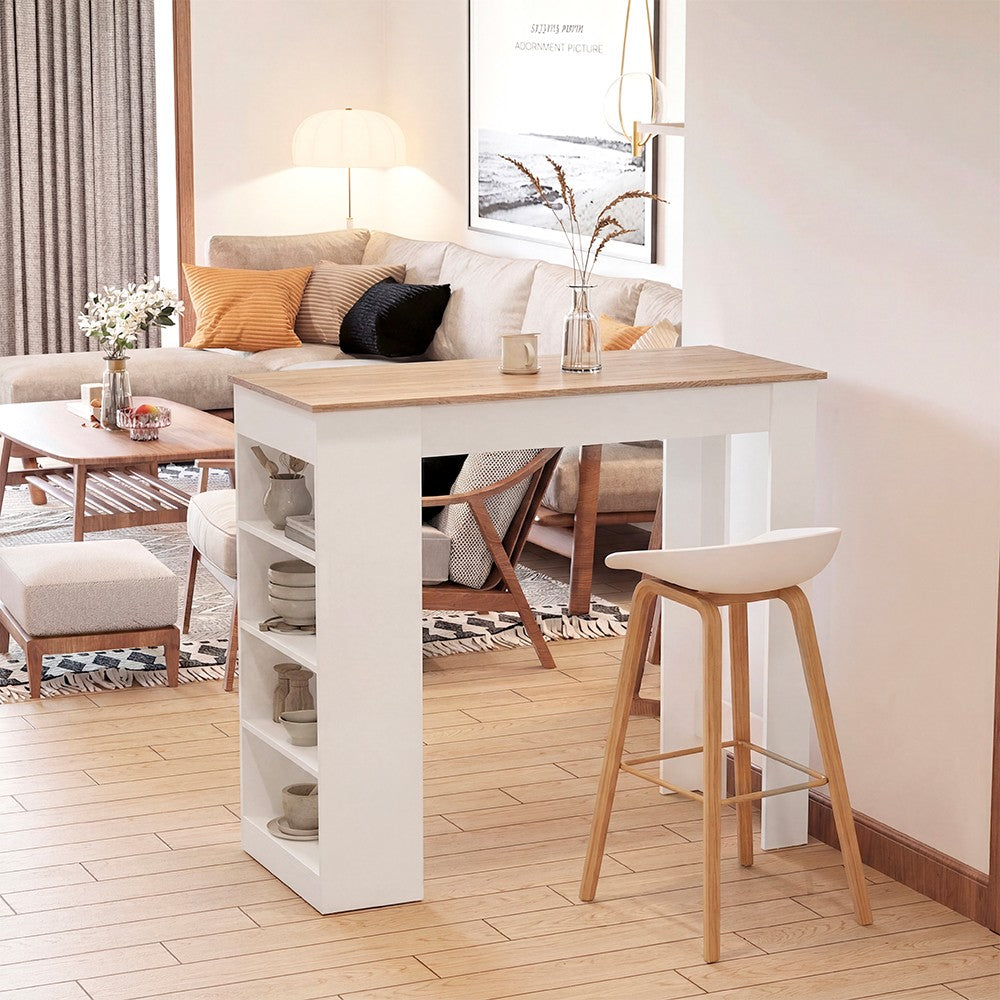 Tavolo consolle alta Kivo con ripiani laterali in bianco e top rovere