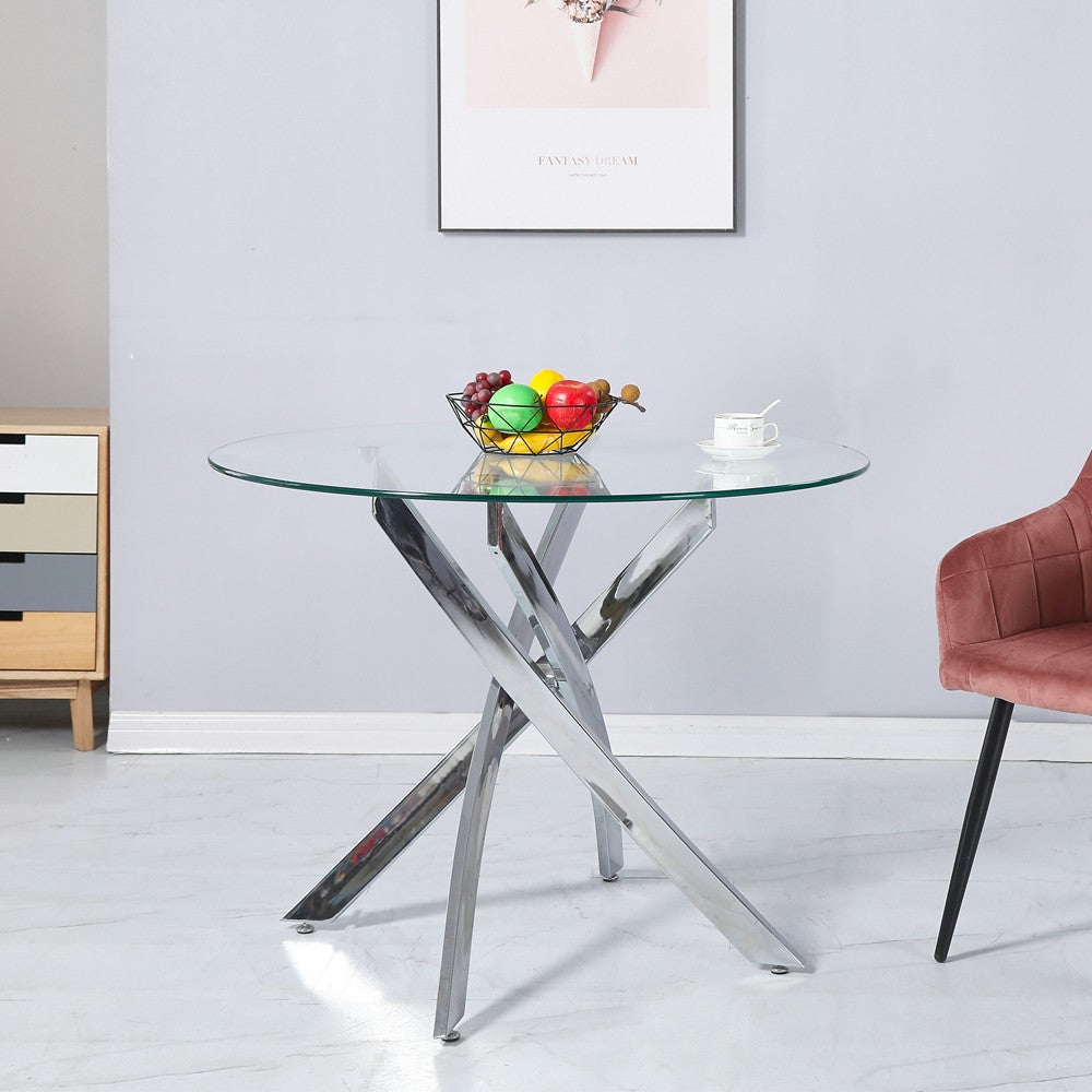 Tavolo da pranzo tondo fisso Peyton con piano in vetro temperato e gambe cromate 130x130 cm.