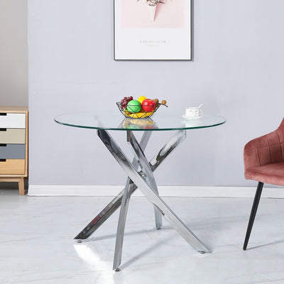 Tavolo da pranzo tondo fisso Peyton con piano in vetro temperato e gambe cromate 130x130 cm.