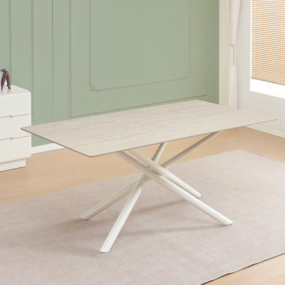 Tavolo fisso Corveo con piano colore travertino e struttura in metallo bianco