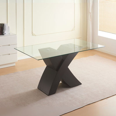 Tavolo fisso Duncan con piano in vetro e gambe incrociate effetto legno nero WD01