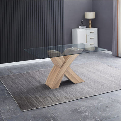 Tavolo fisso Duncan con piano in vetro e gambe incrociate rovere WD03