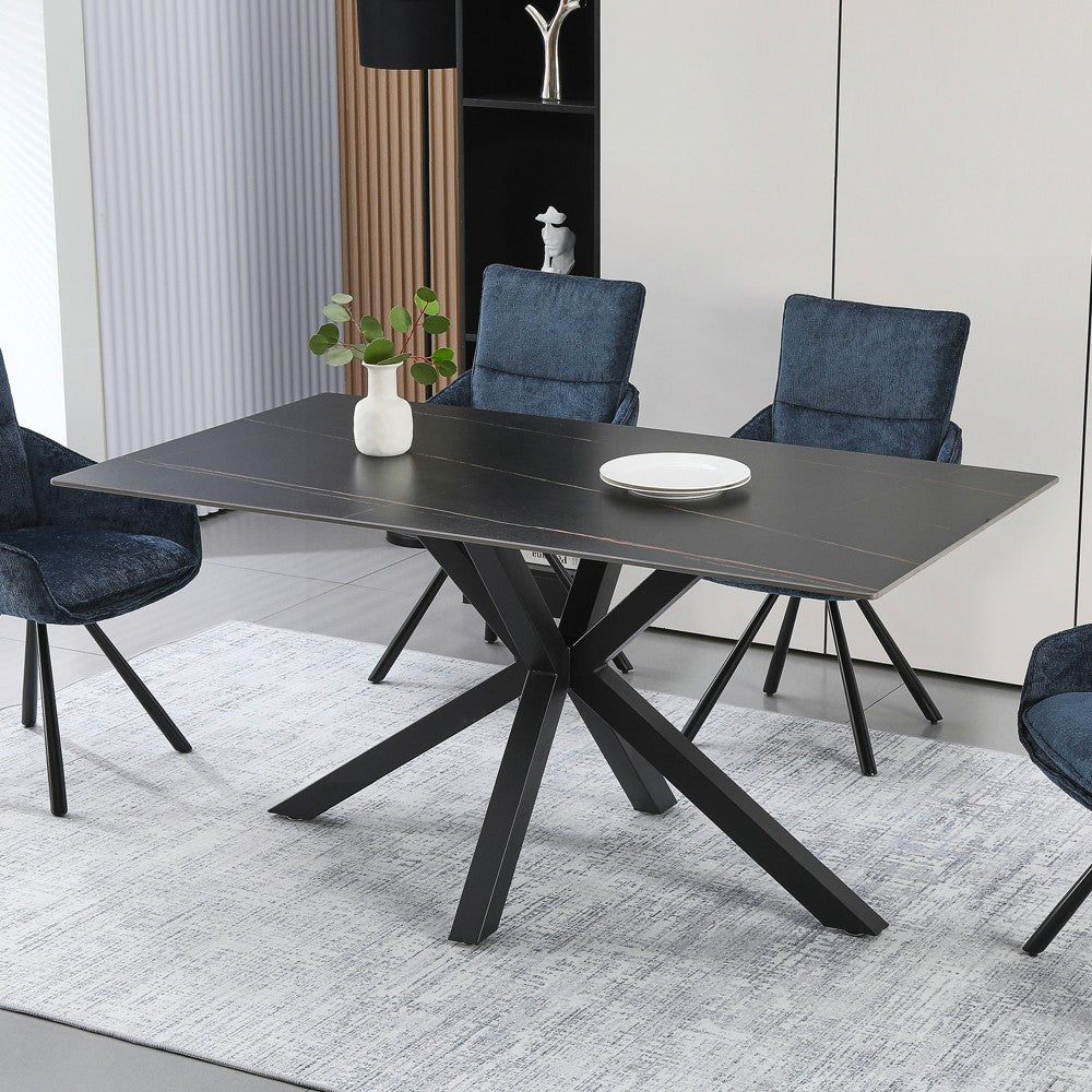 Tavolo fisso Hunter con piano in ceramica effetto marmo nero con venature oro opaco e gambe nere