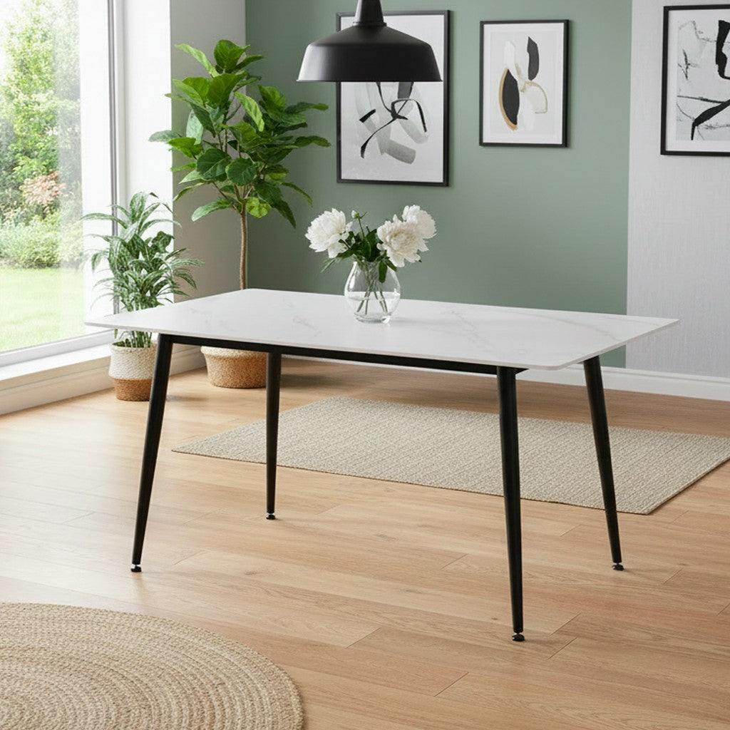 Tavolo fisso Kilo 160x90 cm. con piano in ceramica effetto marmo bianco opaco e gambe nere