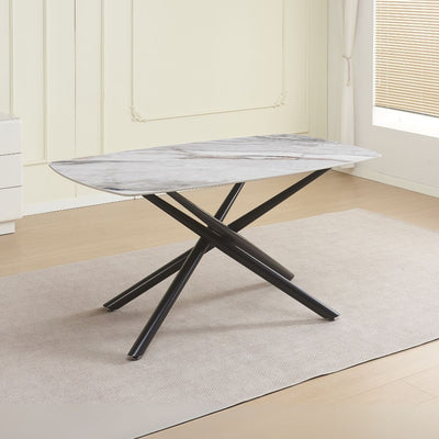 Tavolo fisso Linus con piano in ceramica effetto marmo grigio lucido e gambe in metallo nero