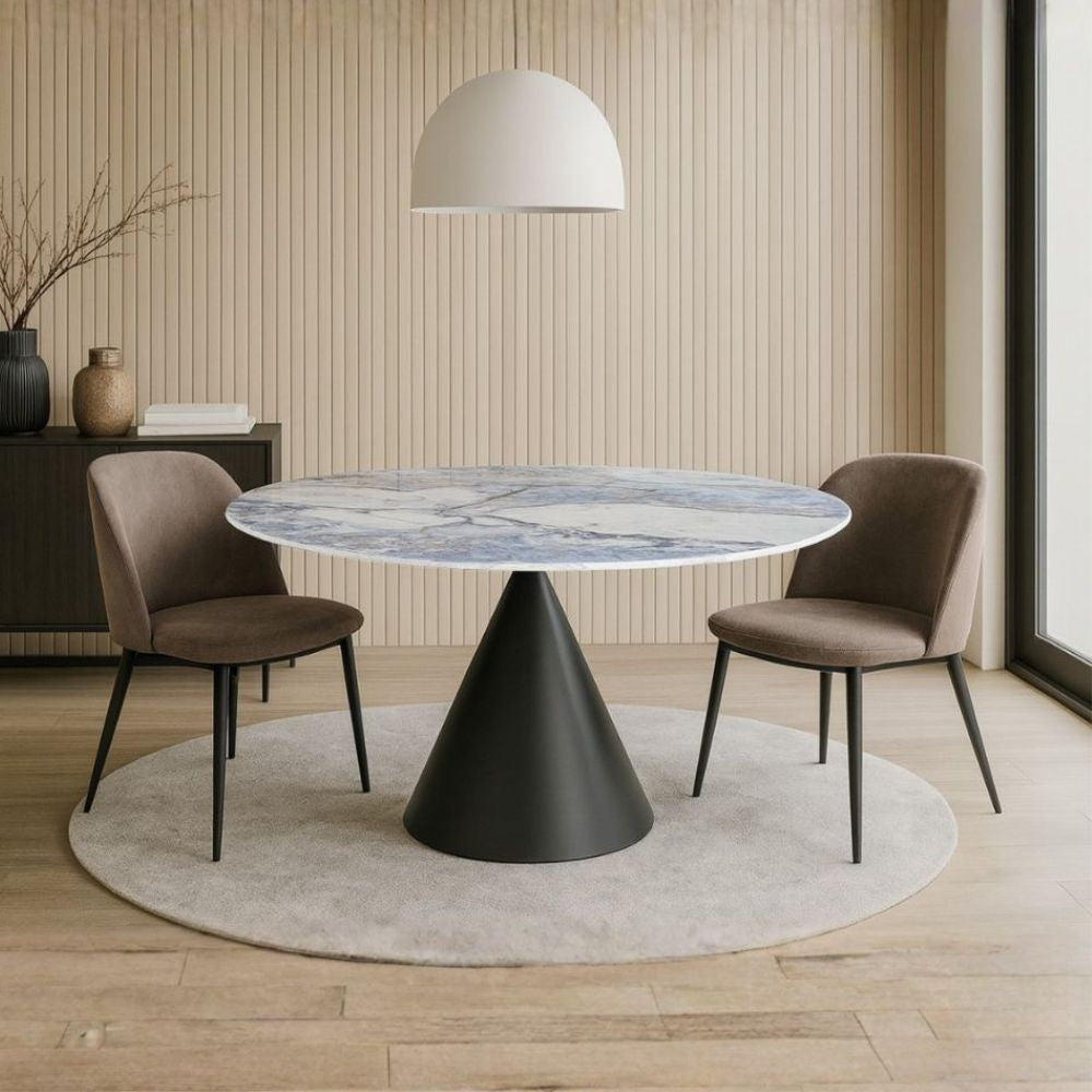 Tavolo fisso Punto con piano effetto marmo con dettagli blu lucido D150xH76 cm.