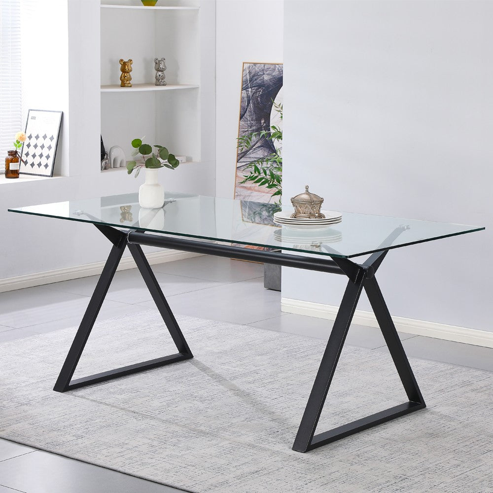 Tavolo fisso Skylar 180x90 cm. con piano in vetro temperato e gambe nere