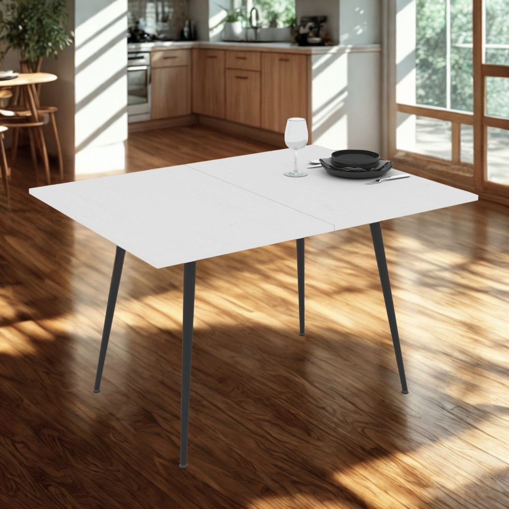 Tavolo girevole allungabile Lilis con piano colore bianco frassinato e gambe in metallo nere