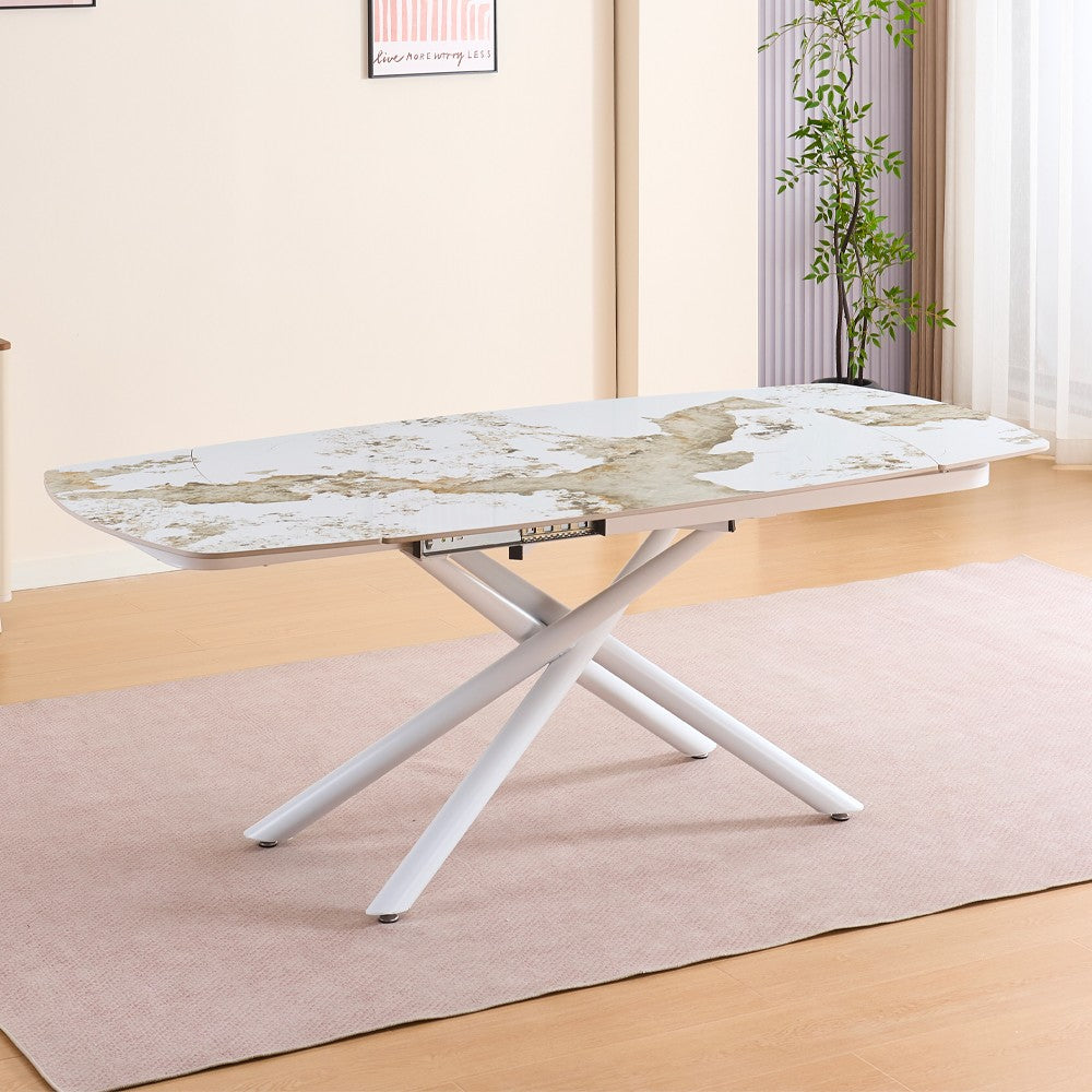Tavolo girevole automatico allungabile Astrid con piano in ceramica effetto marmo arabesque gloss M317 con gambe colore bianco