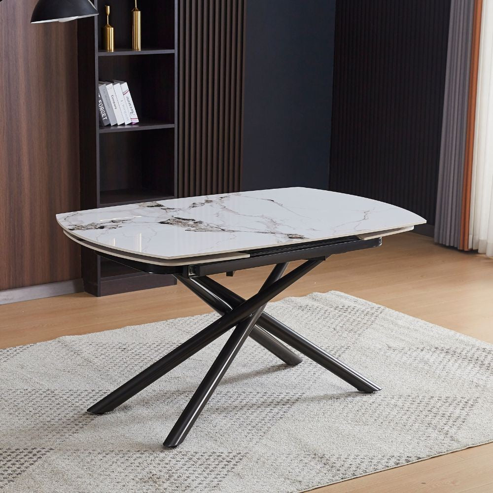 Tavolo girevole automatico allungabile Astrid con piano in ceramica effetto marmo bianco M 322 lucido con gambe colore nero