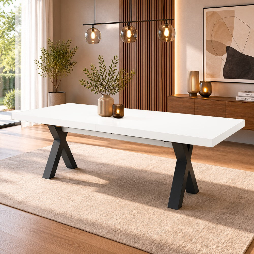 Tavolo Milonga 180x100 cm. allungabile 480 cm con piano in bianco spatolato e gambe antracite
