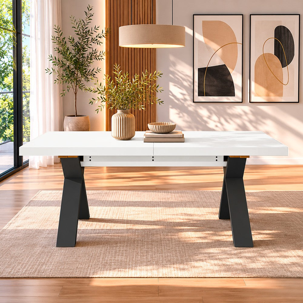 Tavolo Milonga410 160x90 cm. allungabile 410 cm con piano in bianco spatolato e gambe incrociate antracite