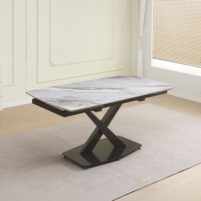 Tavolo Moritz con piano in ceramica effetto marmo bianco M325 lucido e gambe in metallo titanio lucido