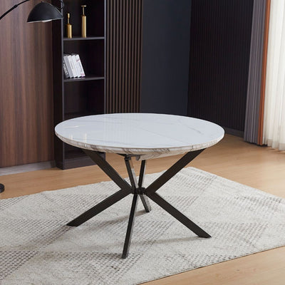 Tavolo rotondo allungabile Evelina con piano in ceramica effetto marmo bianco lucido