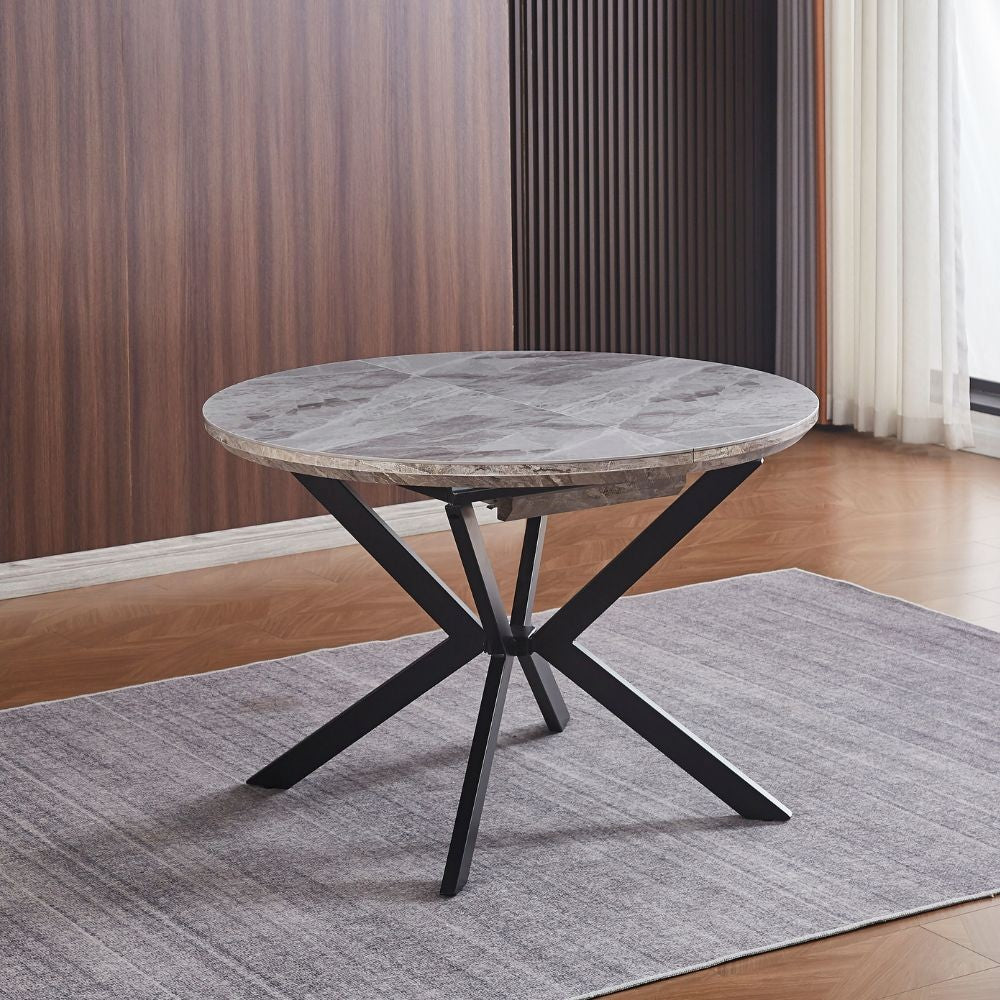 Tavolo rotondo allungabile Evelina con piano in ceramica effetto marmo grigio lucido