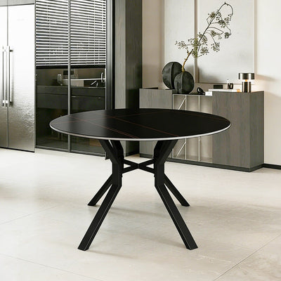 Tavolo rotondo fisso Aurora con piano in ceramica nero opaco con venature oro e struttura in metallo nero