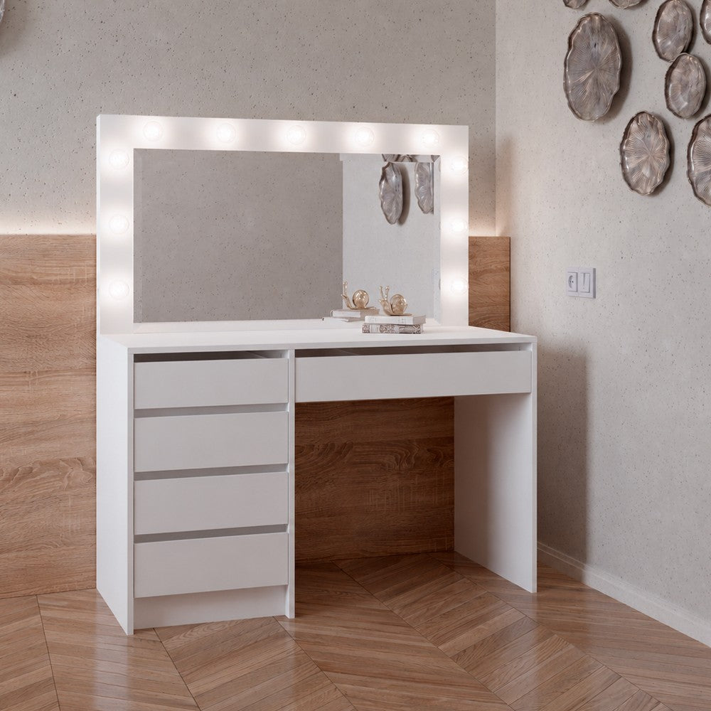 Toeletta Elite 5 cassetti con specchio con lampadine LED colore bianco opaco