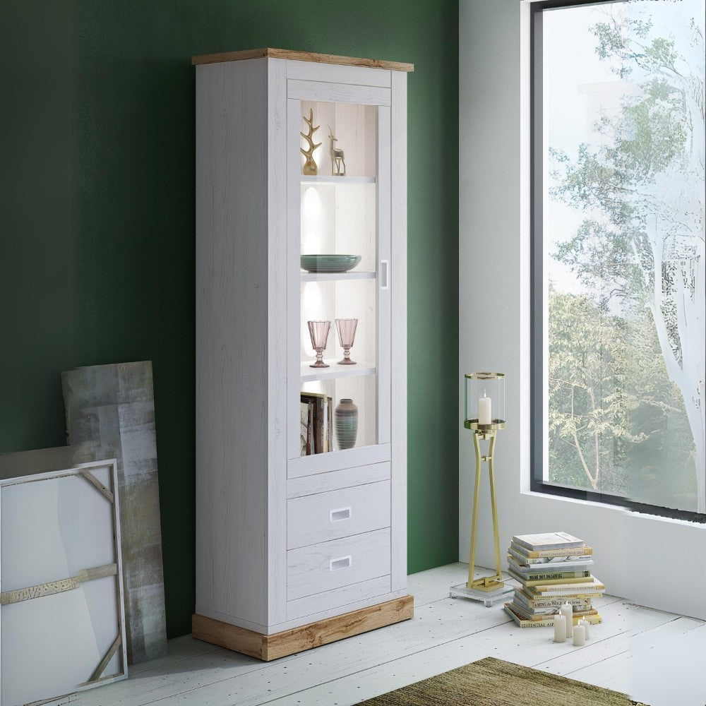 Vetrina Anthony23 con anta a vetro e due cassetti colore rovere wotan e anderson pine stile shabby