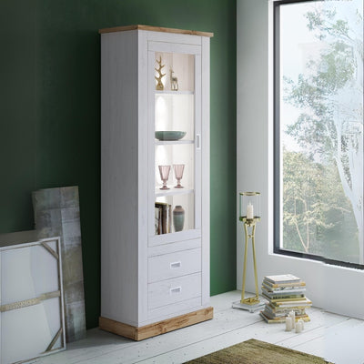 Vetrina Anthony23 con anta a vetro e due cassetti colore rovere wotan e anderson pine stile shabby