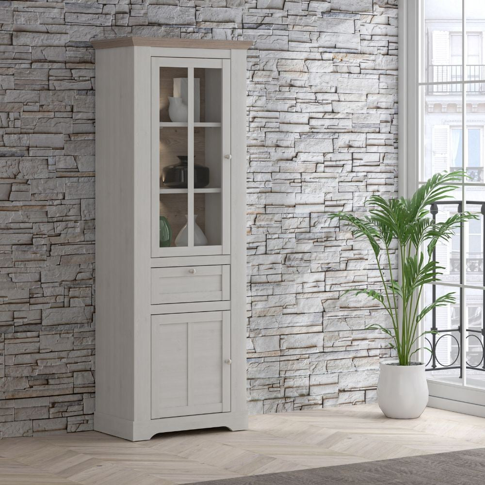 Vetrina Forma con 1 cassetto e 2 ante con luce integrata colore rovere neve e piano olmo scuro