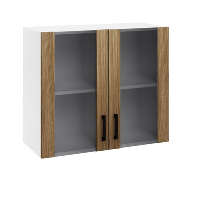 Vetrina pensile 80 cm struttura bianca e ante noce naturale